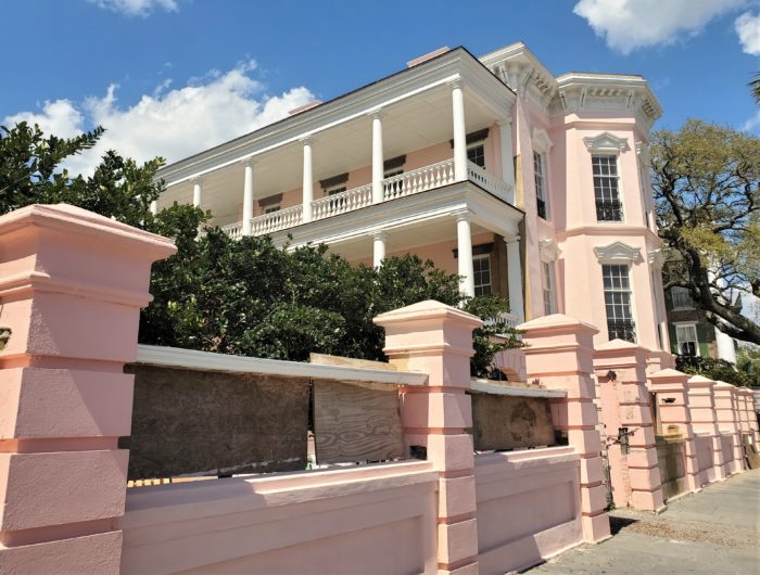 This beautiful pink house on East Battery (c. 1848) is reaching the end of a long restoration, converting it from a B&B back to a single family house. Once owned by a dentist, the popular story about the pink color is that it represents healthy gums. It is not the original color of the house, but has become iconic and the new owners decided to keep it that way.