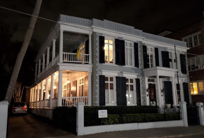 Located across from Colonial Lake on Beaufain Street, this c. 1840 house built for one family once served as a home for "Presbyterian and Huguenot woman of gentle birth and small means." In 1971 it was converted back to a single family house.