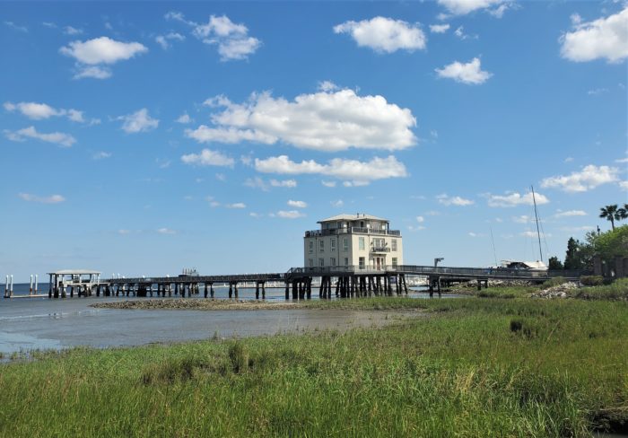 This unusual building is the only house in Charleston on top of the harbor. A former degaussing station once owned by the Navy, it was converted into a private home in 2010. Almost 6000 square feet with a 240 foot private dock, it has pretty nice views too!