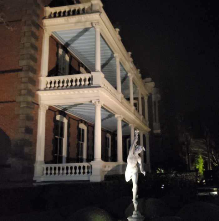 The Calhoun Mansion at night is quite a sight to see!